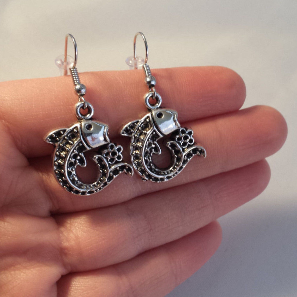 Silver Fish with Flower Hoop Dangle Earrings